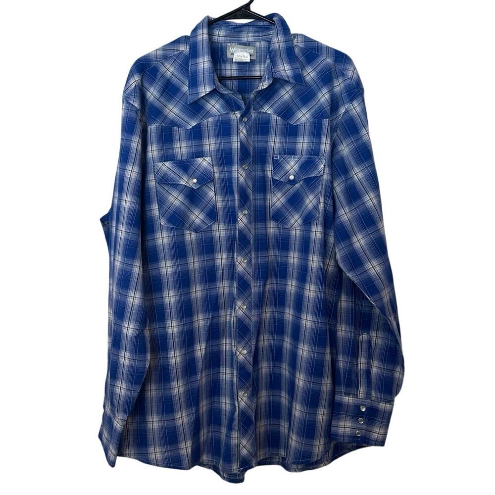 Wrangler Mens Wrancher Pearl Snap Plaid Western Long Sleeve Shirt Size 2XLT Blue